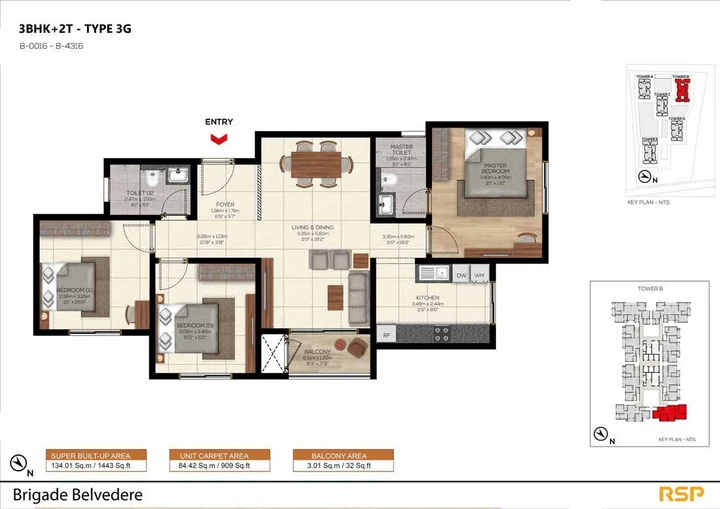 3 BHK Smart Type 3G - Tower B, 1,443 sq. ft.